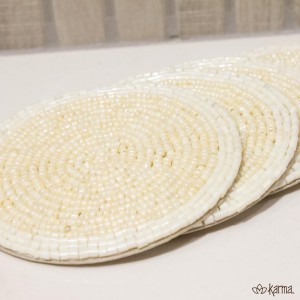 Karma, Beaded Drink Coasters Set of 4, Boho Round Beaded Coasters for Dinning Table and Coffee Table, Cream