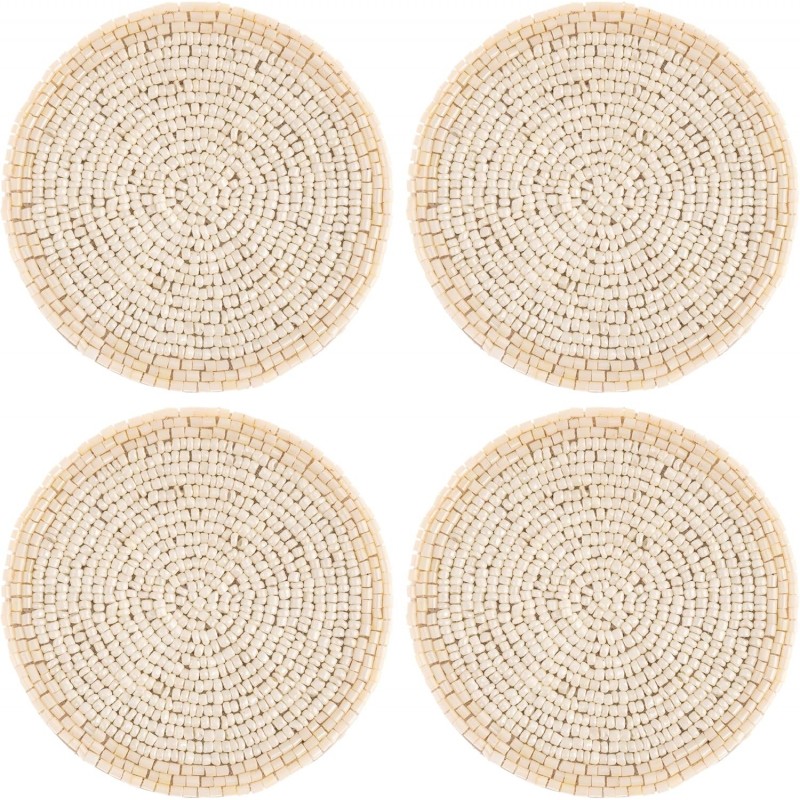 Karma, Beaded Drink Coasters Set of 4, Boho Round Beaded Coasters for Dinning Table and Coffee Table, Cream