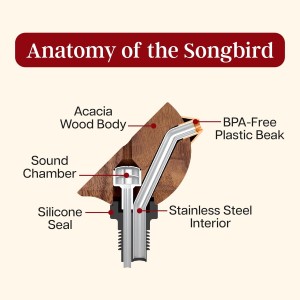 Songbird Specialties Wine Bottle Pourer, Fun Wine Pourer Spout Sings While It Pours, Airtight Wine Bottle Sealer, Acacia Wood with Black Wings
