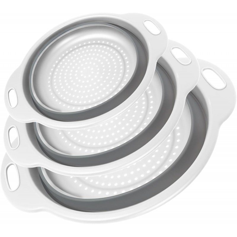 Collapsible Colander 3-Pack Set Space-Saving Foldable Kitchen Strainer with Non-Slip Base Durable Thickened PP+TPE Collapsible Strainers for Pasta, Vegetables, Fruits (Gray-White)