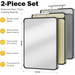 2 Pack Stainless Steel Cutting Board Set, Large Cutting Boards for Kitchen, Double Sided Meat Chopping Board with Handle, Non Toxic Wheat Straw PP/Dishwasher Safe/Food-Grade (16×11 In)