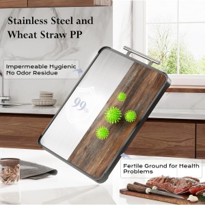 2 Pack Stainless Steel Cutting Board Set, Large Cutting Boards for Kitchen, Double Sided Meat Chopping Board with Handle, Non Toxic Wheat Straw PP/Dishwasher Safe/Food-Grade (16×11 In)