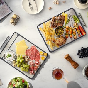 2 Pack Stainless Steel Cutting Board Set, Large Cutting Boards for Kitchen, Double Sided Meat Chopping Board with Handle, Non Toxic Wheat Straw PP/Dishwasher Safe/Food-Grade (16×11 In)