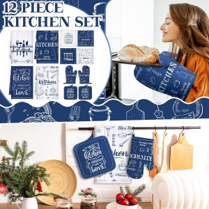 12 Pcs Farmhouse Kitchen Oven Mitts and Pot Holders Decor Sets 4 Blue Kitchen Hand Towels 4 Absorbent Dishcloths 2 Pot Holders 2 Oven Mitts Glove for Home Decorations Mom Baking Cooking Grilling Gift