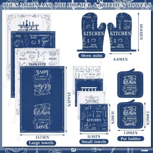 12 Pcs Farmhouse Kitchen Oven Mitts and Pot Holders Decor Sets 4 Blue Kitchen Hand Towels 4 Absorbent Dishcloths 2 Pot Holders 2 Oven Mitts Glove for Home Decorations Mom Baking Cooking Grilling Gift