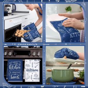 12 Pcs Farmhouse Kitchen Oven Mitts and Pot Holders Decor Sets 4 Blue Kitchen Hand Towels 4 Absorbent Dishcloths 2 Pot Holders 2 Oven Mitts Glove for Home Decorations Mom Baking Cooking Grilling Gift