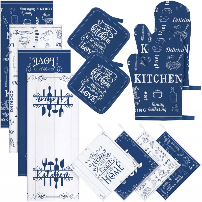 12 Pcs Farmhouse Kitchen Oven Mitts and Pot Holders Decor Sets 4 Blue Kitchen Hand Towels 4 Absorbent Dishcloths 2 Pot Holders 2 Oven Mitts Glove for Home Decorations Mom Baking Cooking Grilling Gift