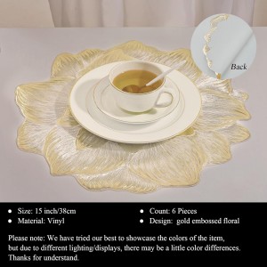 Gold Placemats Set of 6, Creative 3D Flower Placemats Waterproof & Oil-Proof - Metallic Pressed Vinyl Round Place Mats Fancy Decorative Table Mats for Holiday Wedding Accent Outdoor