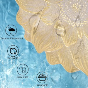 Gold Placemats Set of 6, Creative 3D Flower Placemats Waterproof & Oil-Proof - Metallic Pressed Vinyl Round Place Mats Fancy Decorative Table Mats for Holiday Wedding Accent Outdoor