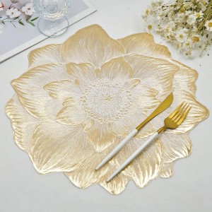 Gold Placemats Set of 6, Creative 3D Flower Placemats Waterproof & Oil-Proof - Metallic Pressed Vinyl Round Place Mats Fancy Decorative Table Mats for Holiday Wedding Accent Outdoor