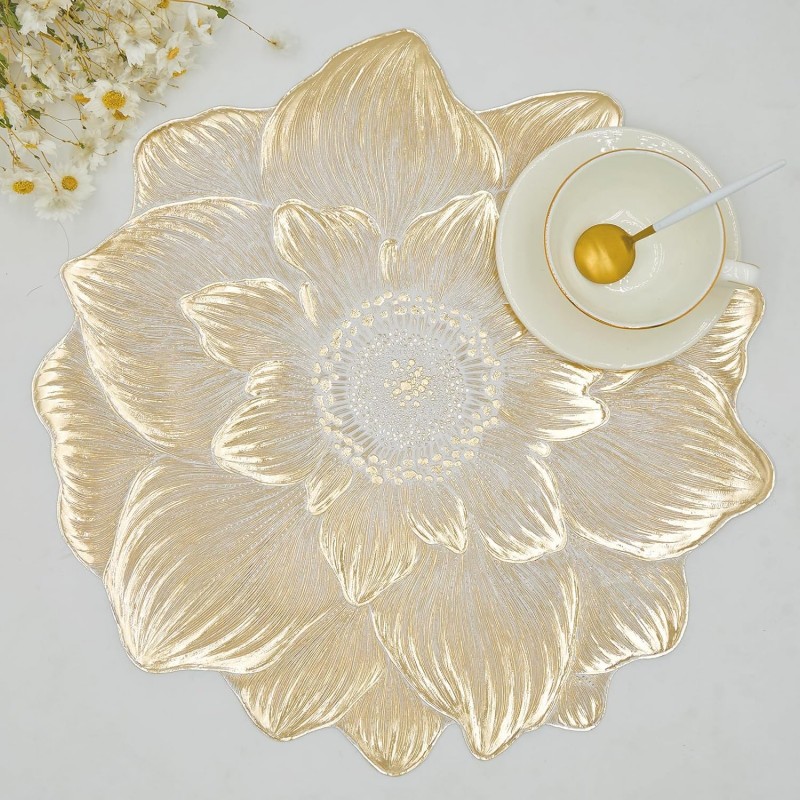 Gold Placemats Set of 6, Creative 3D Flower Placemats Waterproof & Oil-Proof - Metallic Pressed Vinyl Round Place Mats Fancy Decorative Table Mats for Holiday Wedding Accent Outdoor
