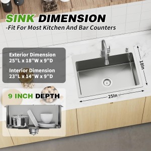 25x18 Inch Kitchen And Bar Sink - Stainless Steel Drop In Single Bowl Topmount Modern Kitchen And Bar Sink With Spoon Rest,Drain Strainer Set Compatibility With Various Kitchen&Bar Style