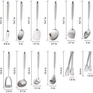 304 Stainless Steel Cooking Utensils Set, Stainless Steel Kitchen Utensils, 12 PCS Long Large Metal Cooking Utensil Tools Set, Potato Masher, Fork, Tongs, Pasta, etc (Dishwasher Safe)