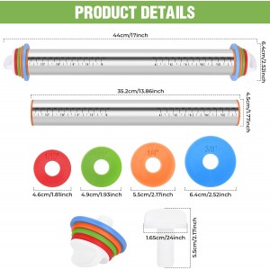 Rolling Pin with Adjustable Thickness Rings for Baking,Stainless Steel Dough Roller,Baking Supplies for Cookie Fondant Pizza Cake Pasta