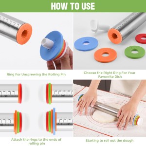 Rolling Pin with Adjustable Thickness Rings for Baking,Stainless Steel Dough Roller,Baking Supplies for Cookie Fondant Pizza Cake Pasta
