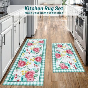 Red Teal Floral Kitchen Rugs and Mats Non-Skid Washable for Floor, Floral Teal Kitchen Decor and Accessories Kitchen Mat Set of 3, 17