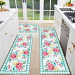 Red Teal Floral Kitchen Rugs and Mats Non-Skid Washable for Floor, Floral Teal Kitchen Decor and Accessories Kitchen Mat Set of 3, 17
