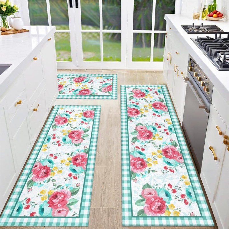 Red Teal Floral Kitchen Rugs and Mats Non-Skid Washable for Floor, Floral Teal Kitchen Decor and Accessories Kitchen Mat Set of 3, 17