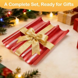 Perforated Baguette Bread Pan, French Bread Baking Pan Nonstick with Dough Couche & Cutter, Food Grade Carbon Steel 3-Slot Baguette Tray 15x11 Inch, Oven Safe, for Home & Professional, Red