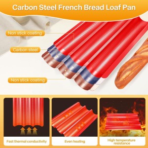 Perforated Baguette Bread Pan, French Bread Baking Pan Nonstick with Dough Couche & Cutter, Food Grade Carbon Steel 3-Slot Baguette Tray 15x11 Inch, Oven Safe, for Home & Professional, Red