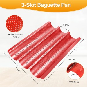 Perforated Baguette Bread Pan, French Bread Baking Pan Nonstick with Dough Couche & Cutter, Food Grade Carbon Steel 3-Slot Baguette Tray 15x11 Inch, Oven Safe, for Home & Professional, Red
