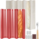 Perforated Baguette Bread Pan, French Bread Baking Pan Nonstick with Dough Couche & Cutter, Food Grade Carbon Steel 3-Slot Baguette Tray 15x11 Inch, Oven Safe, for Home & Professional, Red