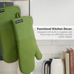 KITCHENAID Gourmet Series Gridlines Oven Mitts 2-Pack Set, Heat Resistant up to 600°F, Soft Silicone Grip, Magnetic Cuff, Matcha Green, 7