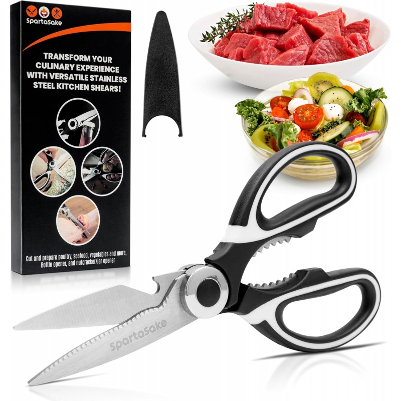 SpartaSake Premium Stainless Steel All Purpose Kitchen Shears with Sleeve - Heavy Duty Ultra Sharp kitchen Scissors for Food - Multipurpose Food Scissors for Meat Poultry Vegetable (Black-White)