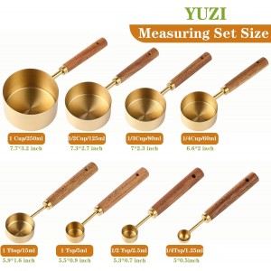 8Pcs Measuring Cups and Spoons Set - Golden Stainless Steel Measuring Cups with Wooden Handle, Metal Measuring Spoons Set Nesting Kitchen Measure Set for Kitchen/Food/Baking (8Pcs Wooden Handle)