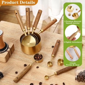 8Pcs Measuring Cups and Spoons Set - Golden Stainless Steel Measuring Cups with Wooden Handle, Metal Measuring Spoons Set Nesting Kitchen Measure Set for Kitchen/Food/Baking (8Pcs Wooden Handle)