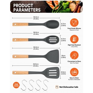 Silicone Cooking Utensils Set, Perfectly Angled for Frying, Mixing,Serving,Draining,Turning and Stirring, BPA-Free Matte Silicone, Wood Handles, Safe for Nonstick Cooking Surfaces,4 Pack (Grey)