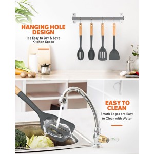 Silicone Cooking Utensils Set, Perfectly Angled for Frying, Mixing,Serving,Draining,Turning and Stirring, BPA-Free Matte Silicone, Wood Handles, Safe for Nonstick Cooking Surfaces,4 Pack (Grey)