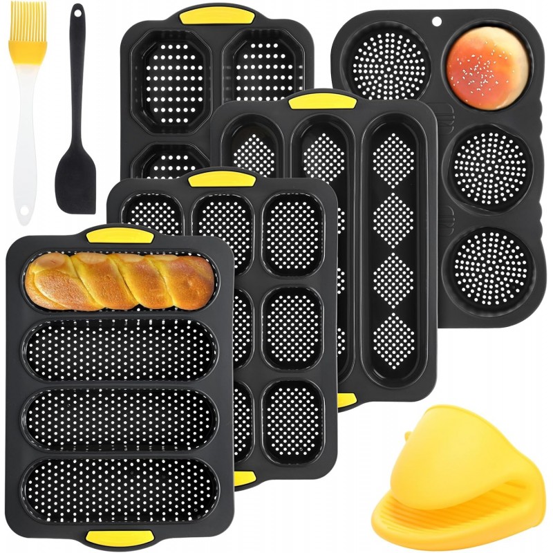 8 Pcs Silicone Baguette Hamburger Bun Baking Pan Set 4 6 9 Cup French Bun Mold 3 Cup Nonstick Baguette Bread Pan with Tool for Homemade Bread Loaf Sandwich Microwave