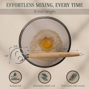 13-Inch Danish Dough Whisk – Wooden Handle with Stainless Steel Single Loop – Bread Whisk for Sourdough, Pizza Dough, Cake Batter and Artisan Bread Baking