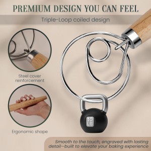13-Inch Danish Dough Whisk – Wooden Handle with Stainless Steel Single Loop – Bread Whisk for Sourdough, Pizza Dough, Cake Batter and Artisan Bread Baking