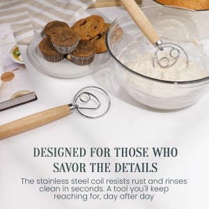 13-Inch Danish Dough Whisk – Wooden Handle with Stainless Steel Single Loop – Bread Whisk for Sourdough, Pizza Dough, Cake Batter and Artisan Bread Baking