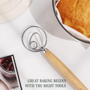 13-Inch Danish Dough Whisk – Wooden Handle with Stainless Steel Single Loop – Bread Whisk for Sourdough, Pizza Dough, Cake Batter and Artisan Bread Baking