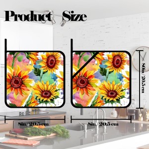 Watercolor Sunflower Floral Pot Holders Set of 2,Kitchen Heat Resistant Potholder for BBQ Cooking Baking,Food Hot Pad for Women Men