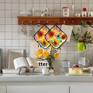 Watercolor Sunflower Floral Pot Holders Set of 2,Kitchen Heat Resistant Potholder for BBQ Cooking Baking,Food Hot Pad for Women Men