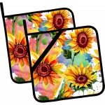 Watercolor Sunflower Floral Pot Holders Set of 2,Kitchen Heat Resistant Potholder for BBQ Cooking Baking,Food Hot Pad for Women Men