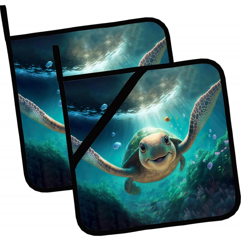 Cute Turtle Pot Holders Set of 2,Sea Animals Kitchen Heat Resistant Potholders for Microwave Cooking Baking Oven and BBQ Gifts for Women