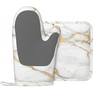 Oven Mitts and Pot Holders White Gold Marble Abstract Silicone Kitchen Accessories Set of 2 Heat Resistant Long Gloves Potholder Non-Slip Grip for Chef Cooking,Baking,Grilling,BBQ