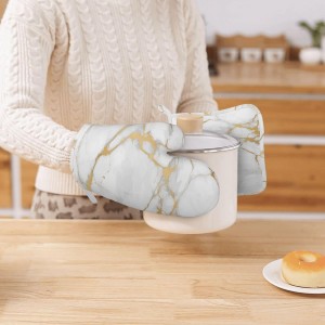 Oven Mitts and Pot Holders White Gold Marble Abstract Silicone Kitchen Accessories Set of 2 Heat Resistant Long Gloves Potholder Non-Slip Grip for Chef Cooking,Baking,Grilling,BBQ