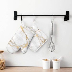 Oven Mitts and Pot Holders White Gold Marble Abstract Silicone Kitchen Accessories Set of 2 Heat Resistant Long Gloves Potholder Non-Slip Grip for Chef Cooking,Baking,Grilling,BBQ