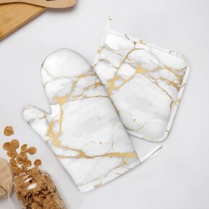 Oven Mitts and Pot Holders White Gold Marble Abstract Silicone Kitchen Accessories Set of 2 Heat Resistant Long Gloves Potholder Non-Slip Grip for Chef Cooking,Baking,Grilling,BBQ
