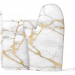 Oven Mitts and Pot Holders White Gold Marble Abstract Silicone Kitchen Accessories Set of 2 Heat Resistant Long Gloves Potholder Non-Slip Grip for Chef Cooking,Baking,Grilling,BBQ