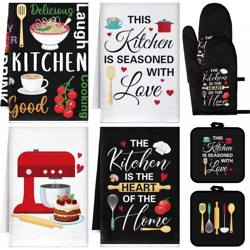 Leinuosen 8 Pcs Cuisine Kitchen Decor Accessories Set Farmhouse Towels Oven Mitts Pot Holders Dishcloths Set Kitchen Decorative Absorbent Gloves Potholders for Chef Baking Cooking