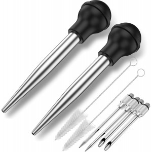 8-Piece Stainless Steel Turkey Baster Set, Meat Marinade Injector with 4 Needles & Cleaning Brush, Silicone Bulb Syringe for BBQ Thanksgiving Kitchen Cooking