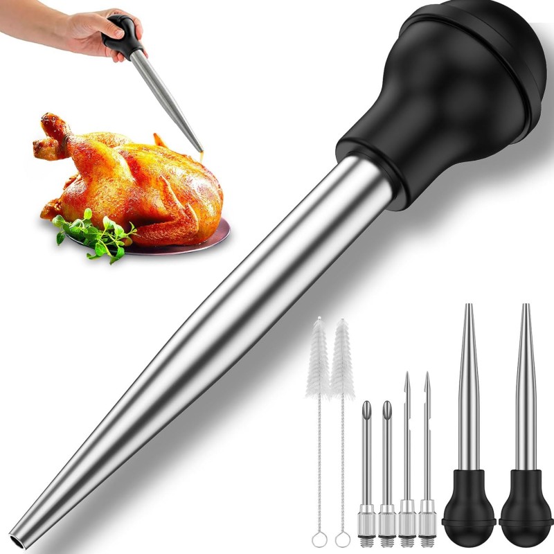 8-Piece Stainless Steel Turkey Baster Set, Meat Marinade Injector with 4 Needles & Cleaning Brush, Silicone Bulb Syringe for BBQ Thanksgiving Kitchen Cooking