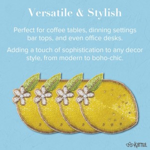 Karma, Lemon Beaded Drink Coasters Set of 4, Summer Round Beaded Coasters for Dinning Table and Coffee Table, Lemon